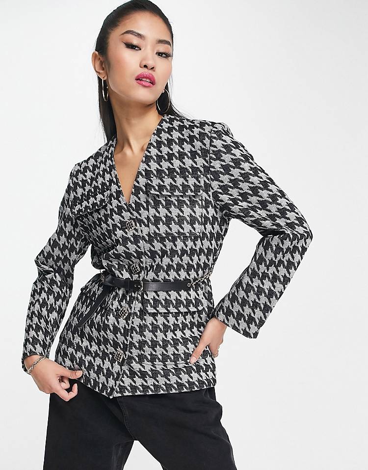 Urban Revivo blazer jacket and mini skirt set in black and white houndstooth